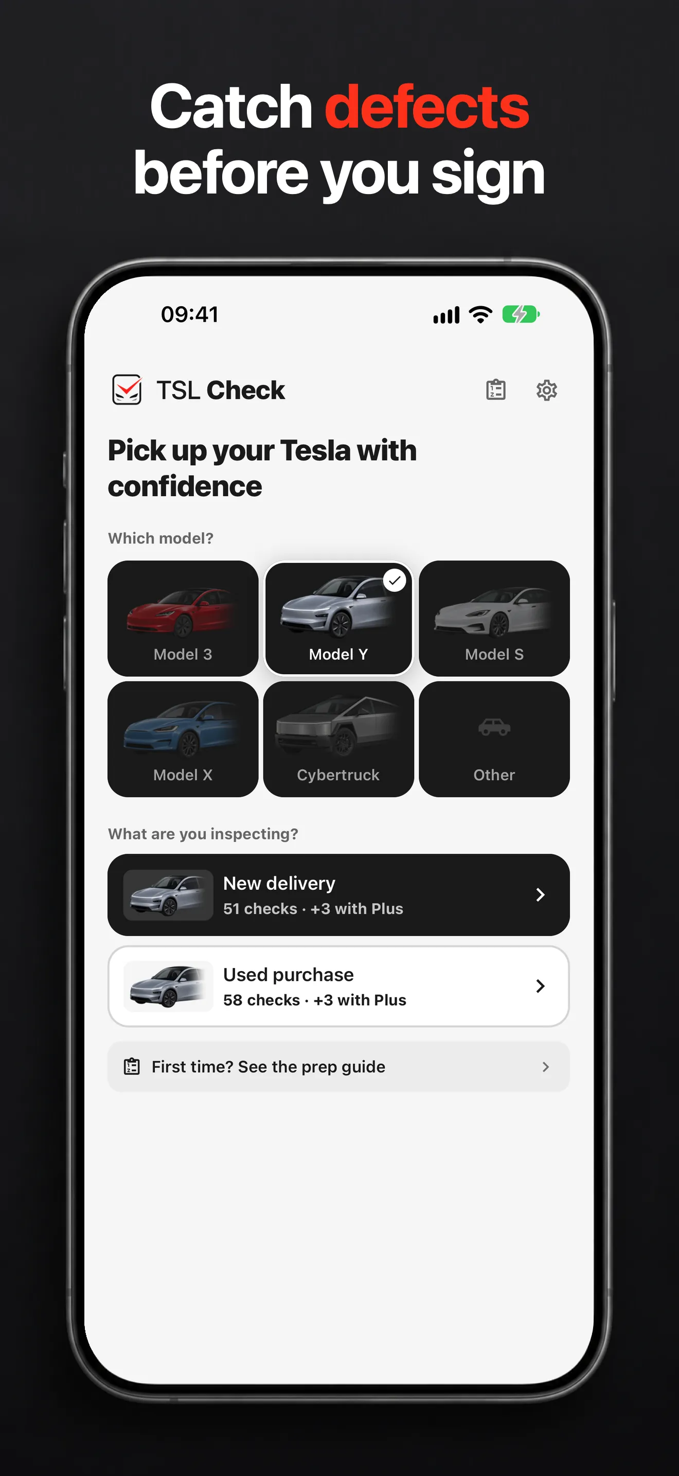 TSL Check model picker on iPhone, with Model 3, Model Y, Model S, Model X and Cybertruck