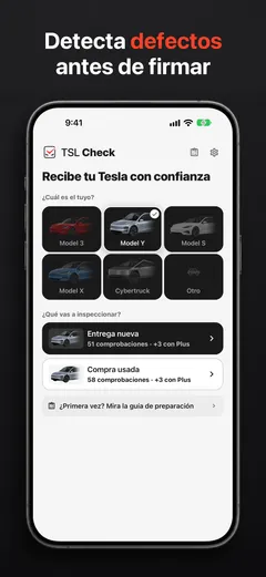 Selector de modelo de TSL Check en iPhone: Model 3, Model Y, Model S, Model X y Cybertruck