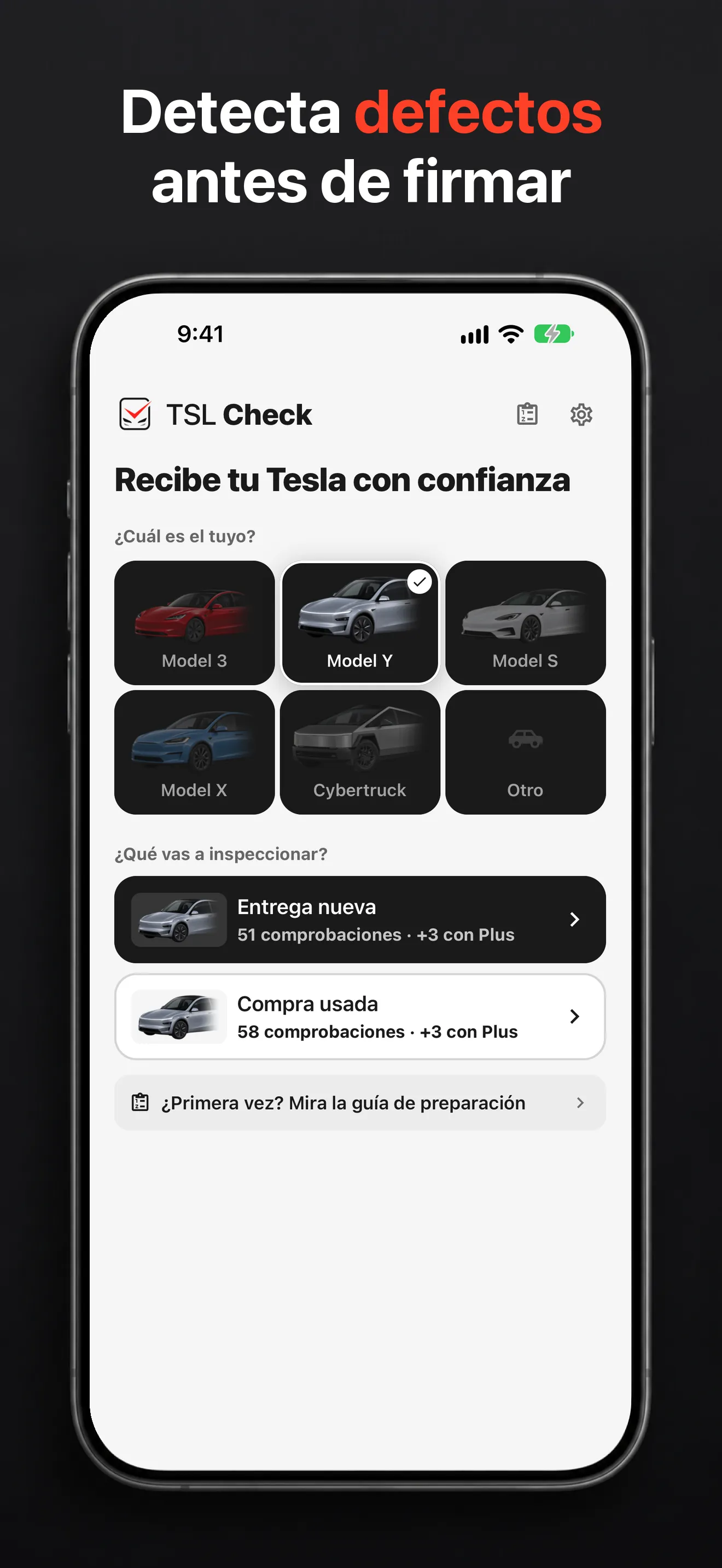 Selector de modelo de TSL Check en iPhone: Model 3, Model Y, Model S, Model X y Cybertruck