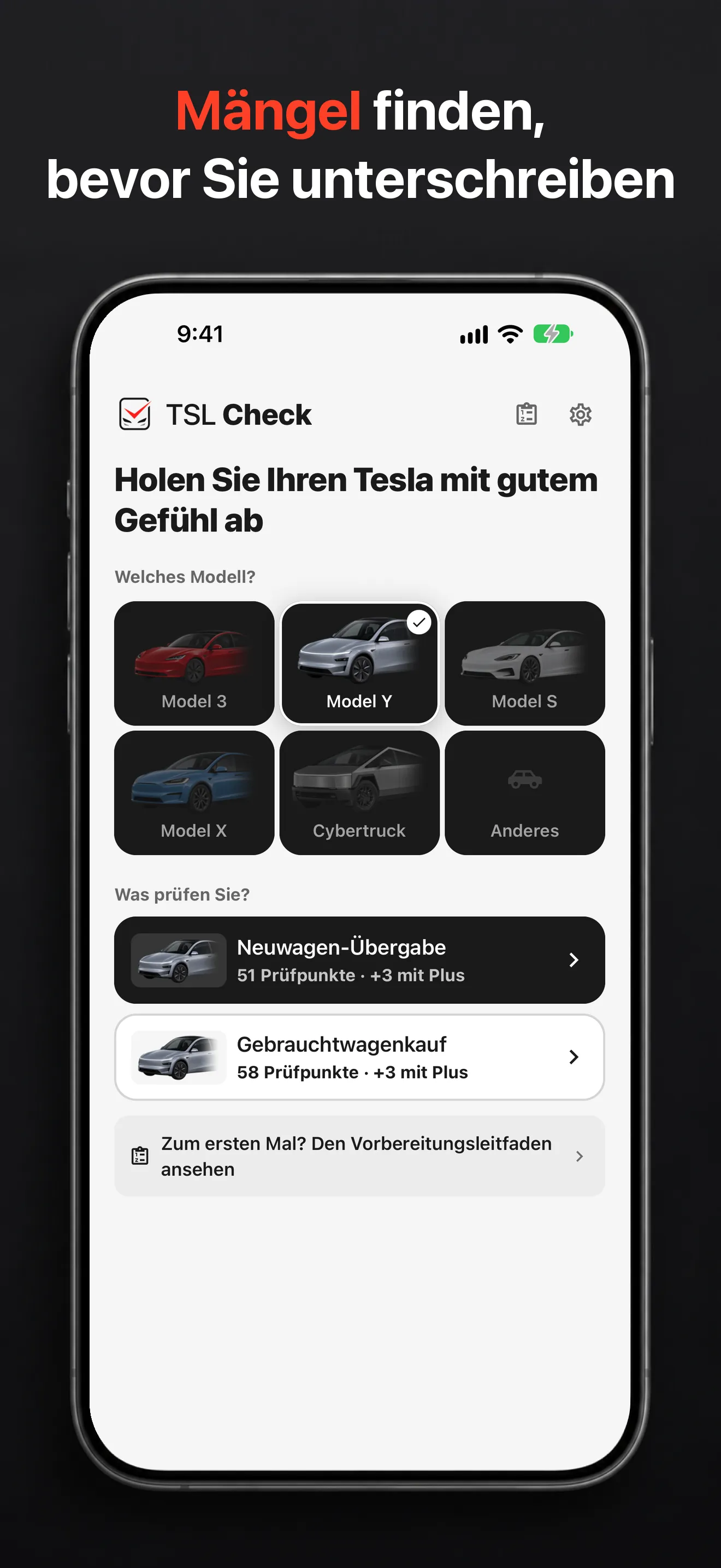 Modellauswahl in TSL Check auf dem iPhone: Model 3, Model Y, Model S, Model X und Cybertruck