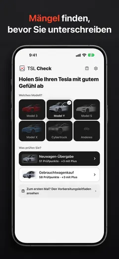 Modellauswahl in TSL Check auf dem iPhone: Model 3, Model Y, Model S, Model X und Cybertruck