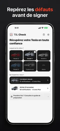 Choix du modèle dans TSL Check sur iPhone : Model 3, Model Y, Model S, Model X et Cybertruck