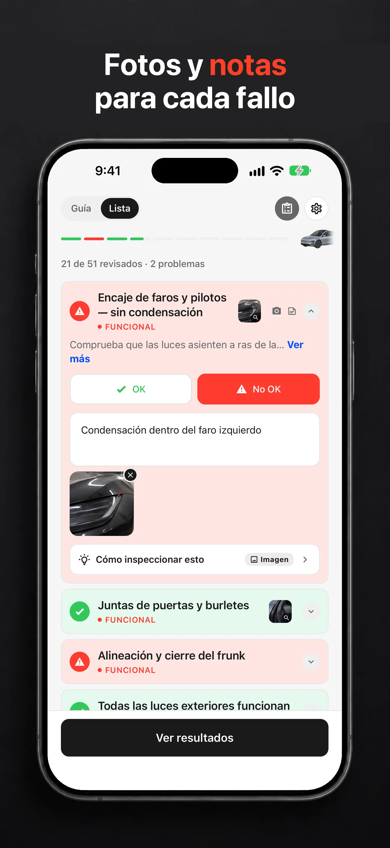 Punto de TSL Check con una foto y una nota en un problema señalado, en iPhone