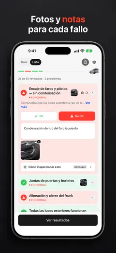 Punto de TSL Check con una foto y una nota en un problema señalado, en iPhone
