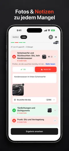 TSL-Check-Prüfpunkt mit Foto und Notiz zu einem markierten Problem, auf dem iPhone
