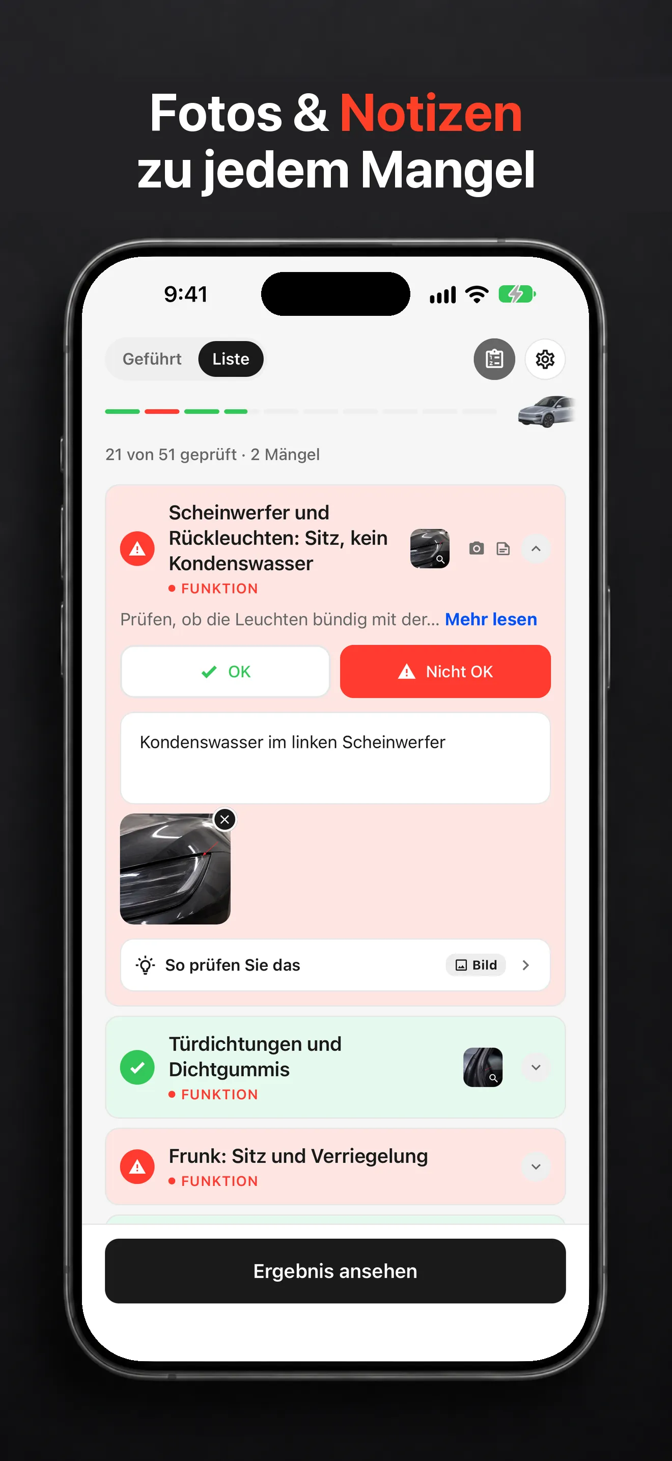 TSL-Check-Prüfpunkt mit Foto und Notiz zu einem markierten Problem, auf dem iPhone