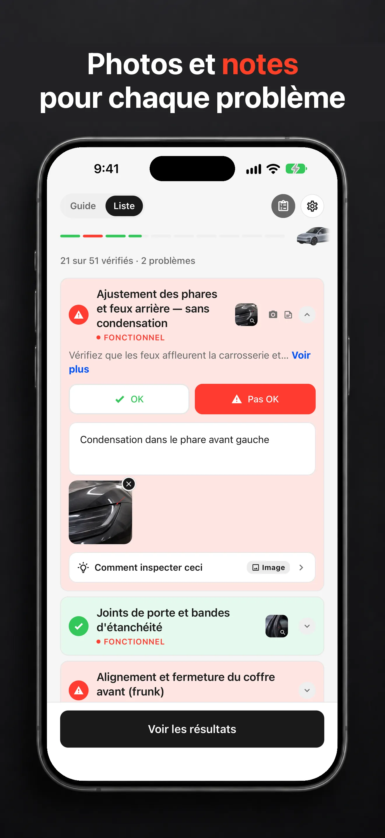 Point de contrôle TSL Check avec une photo et une note sur un problème signalé, sur iPhone
