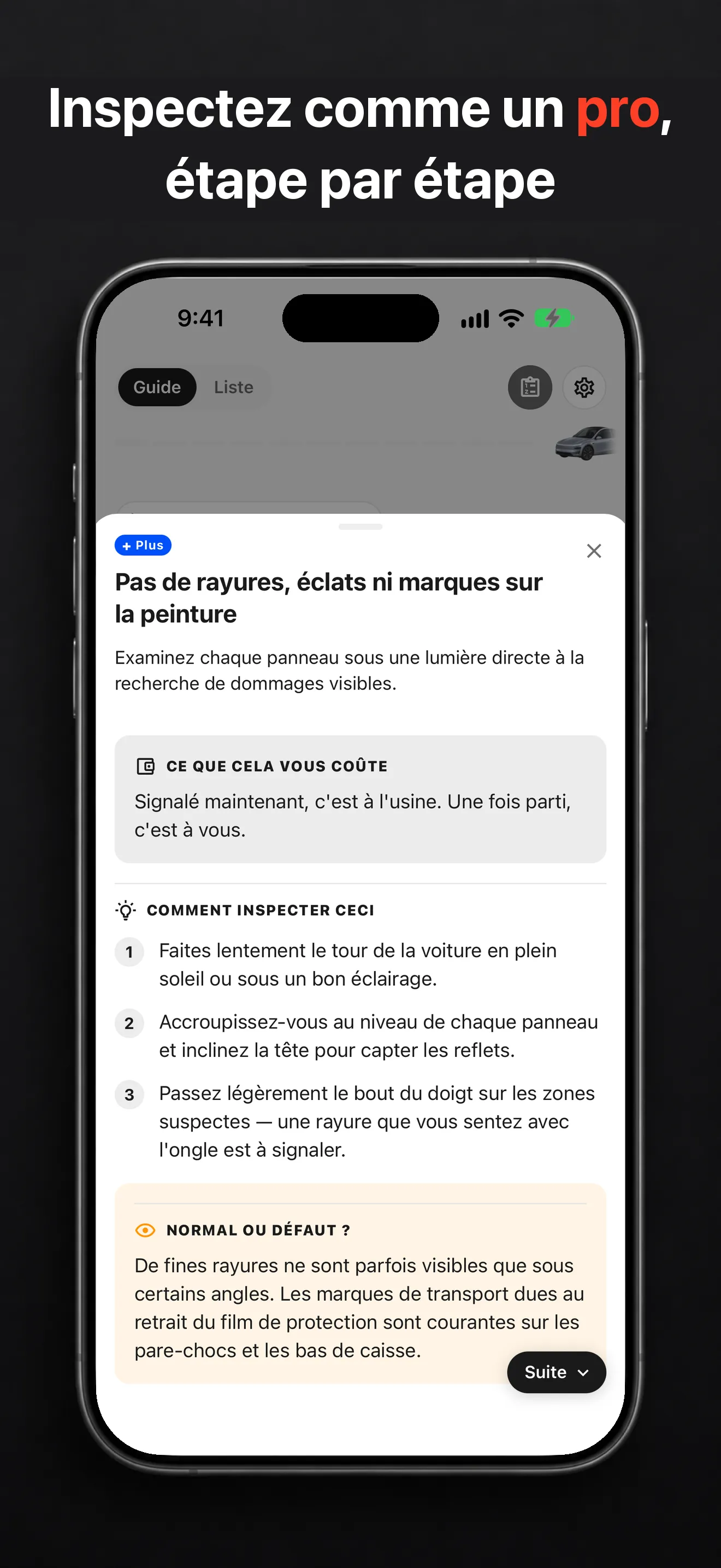 Conseil d'inspection TSL Check sur iPhone, avec les étapes et une image d'un défaut de peinture