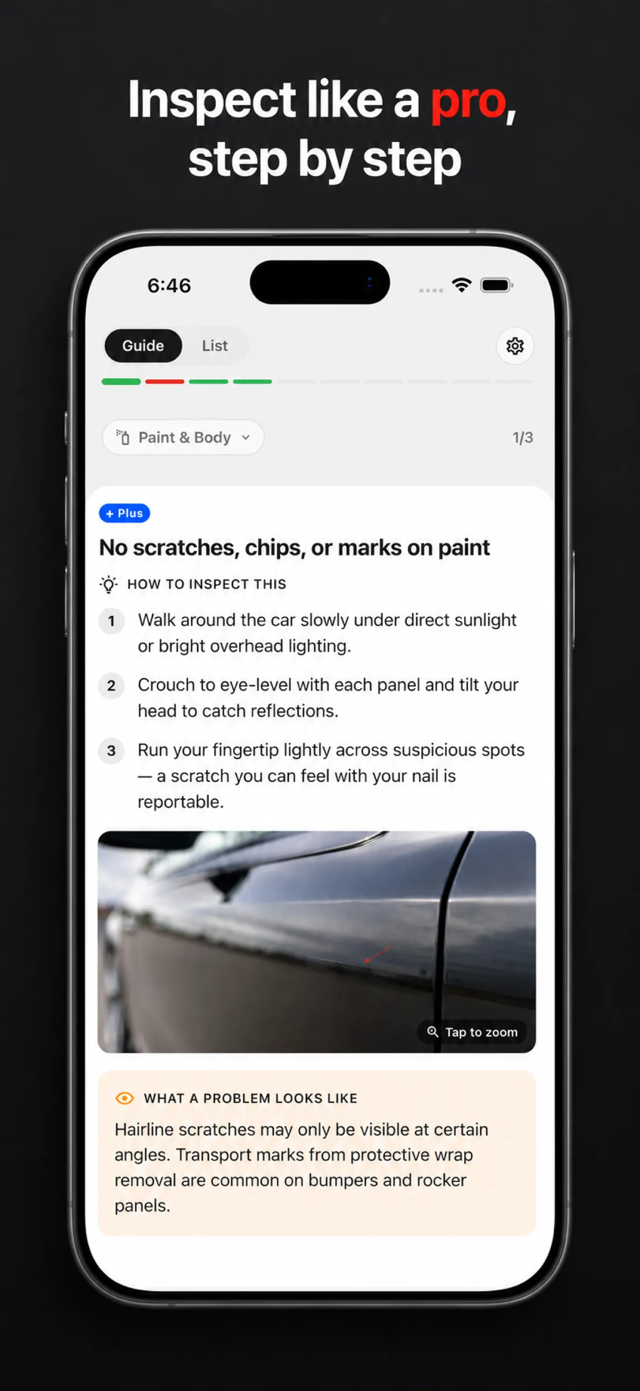 TSL Check inspection tip on iPhone, with steps and an image of a paint defect