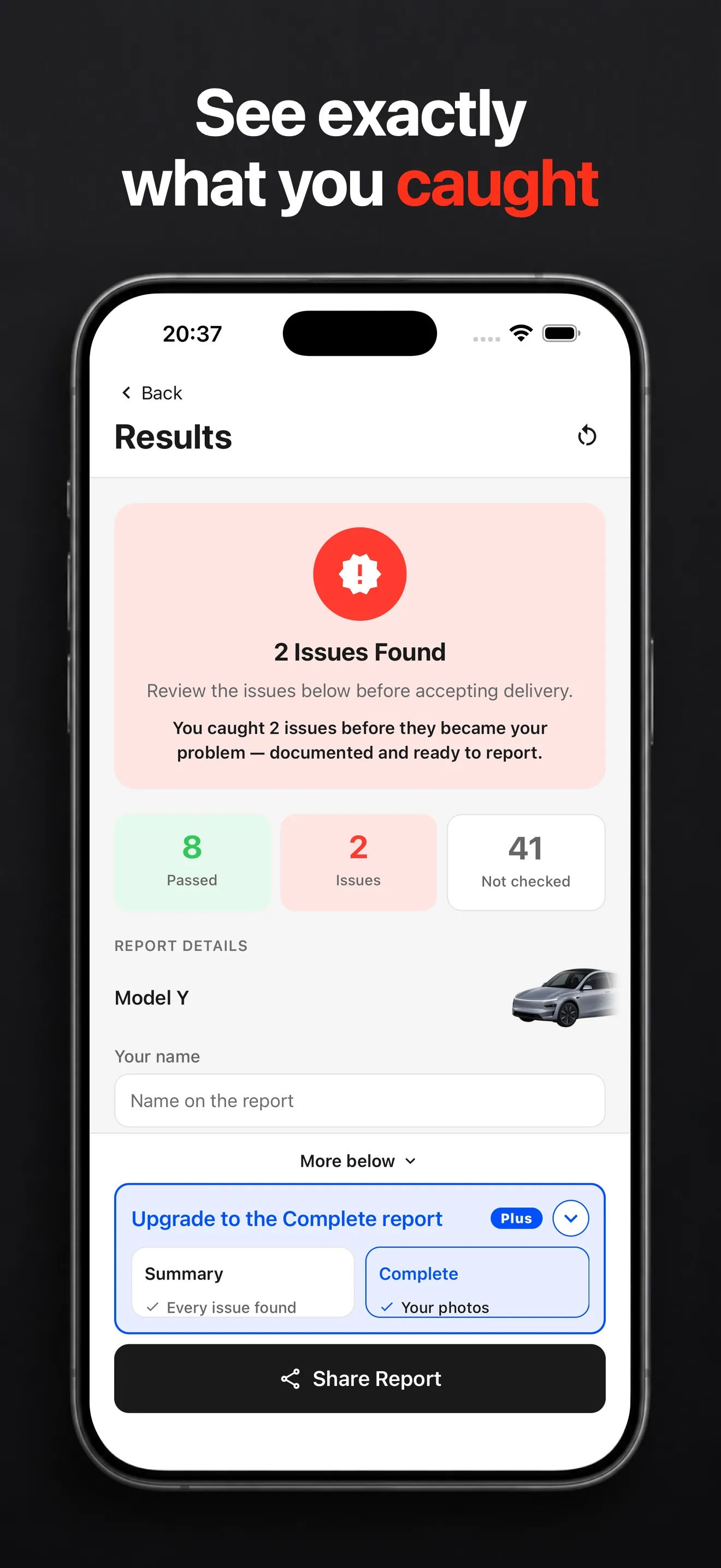 TSL Check results screen on iPhone showing the issues found