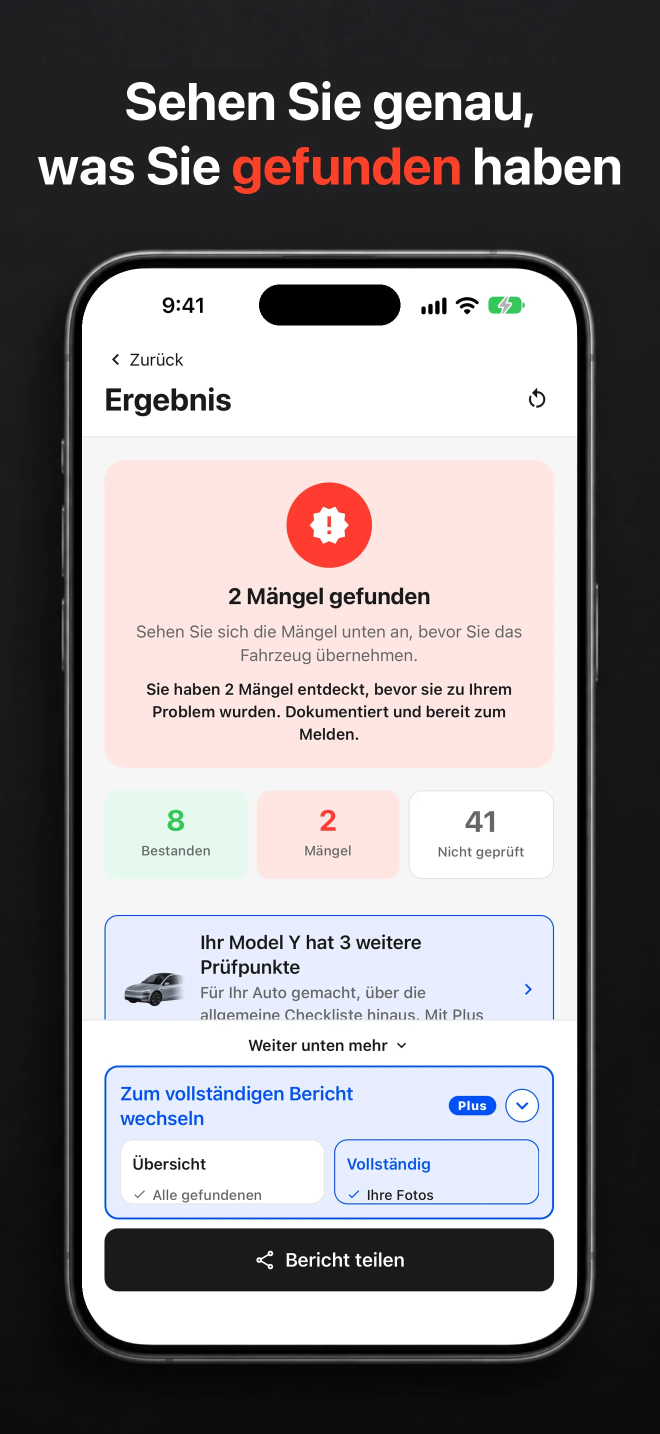 Ergebnisbildschirm von TSL Check auf dem iPhone mit den gefundenen Mängeln