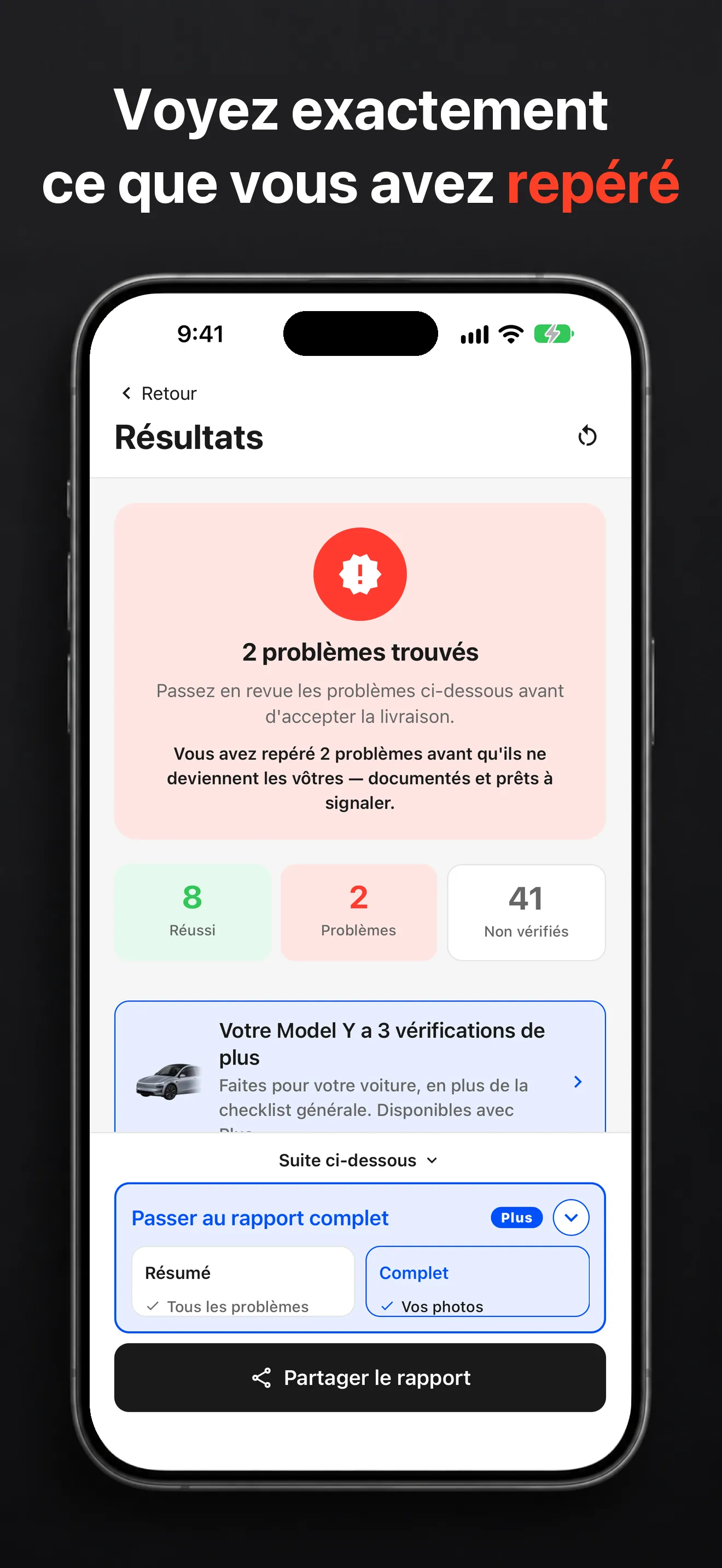 Écran des résultats de TSL Check sur iPhone avec les défauts relevés