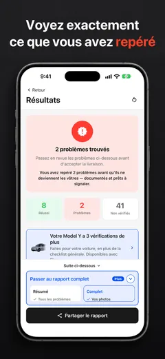 Écran des résultats de TSL Check sur iPhone avec les défauts relevés