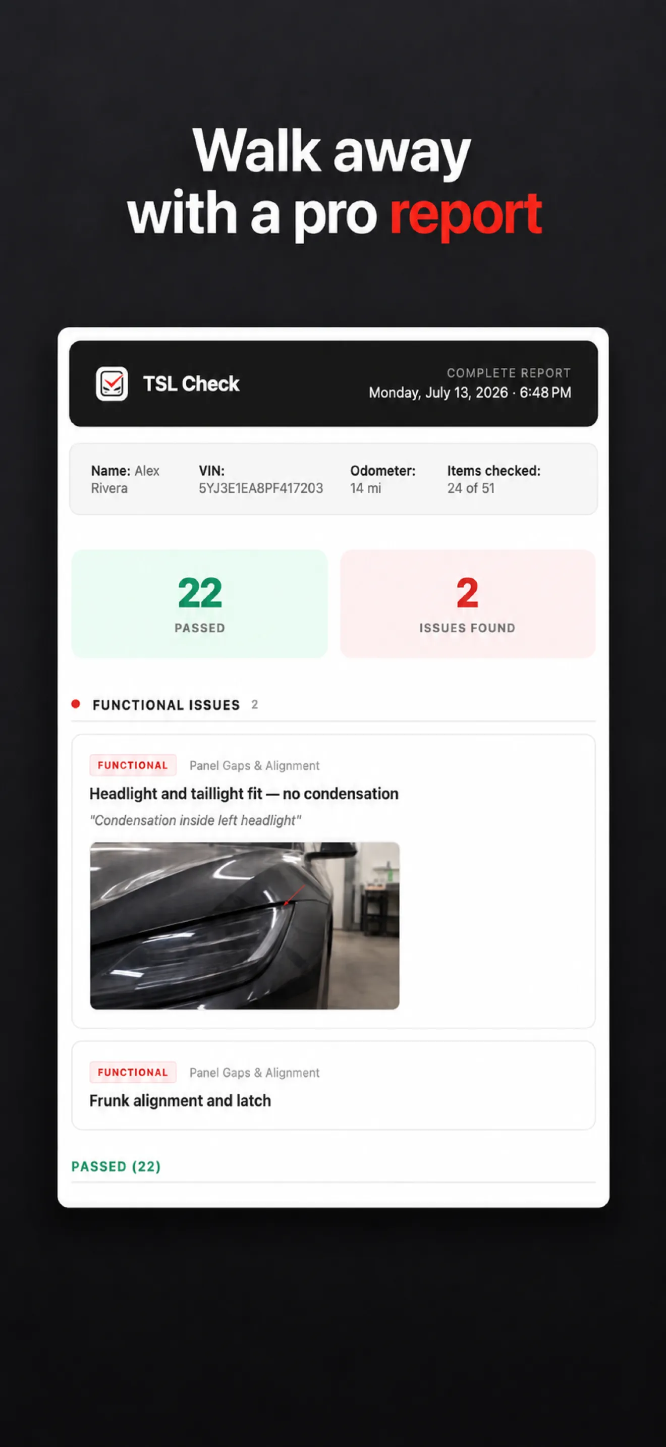 TSL Check inspection report ready to share, on iPhone