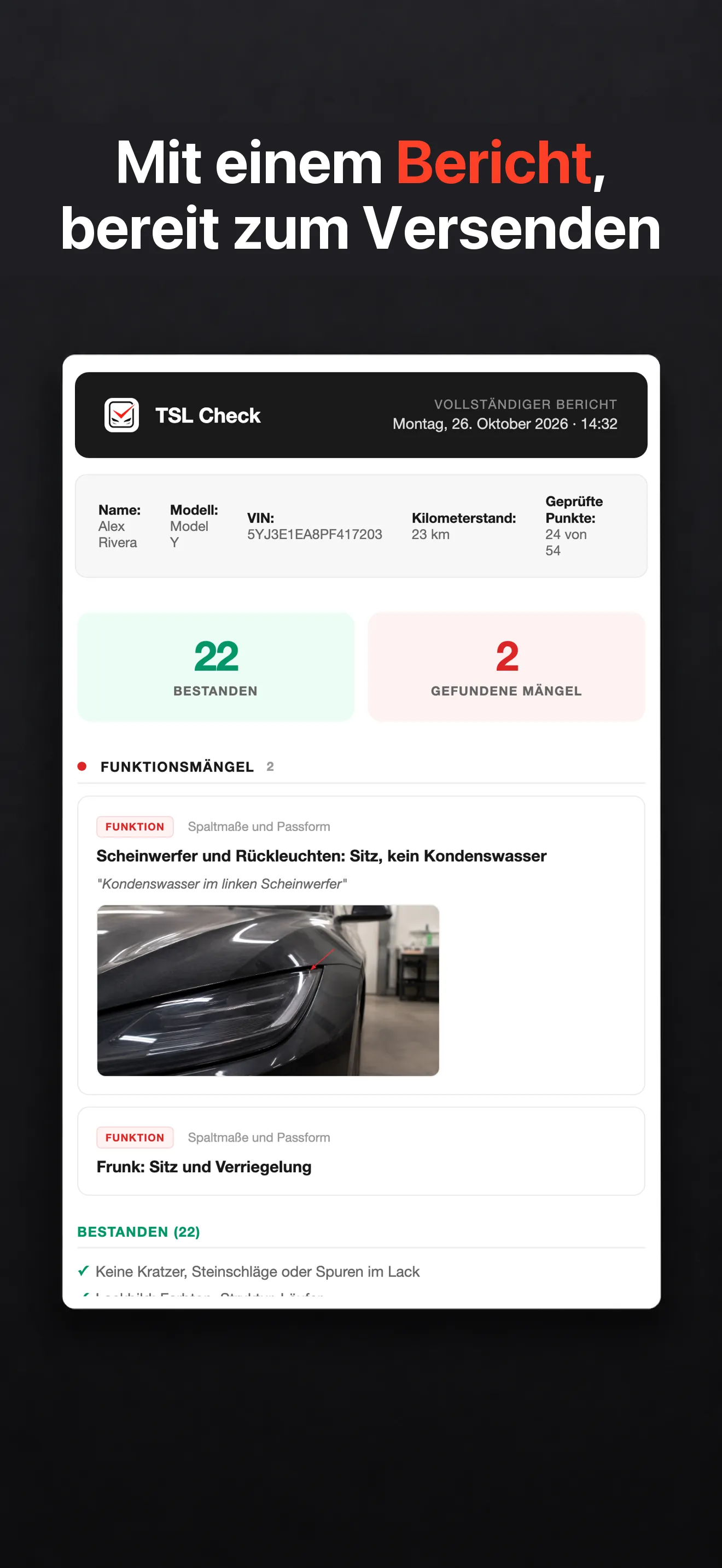 TSL-Check-Inspektionsbericht zum Teilen, auf dem iPhone