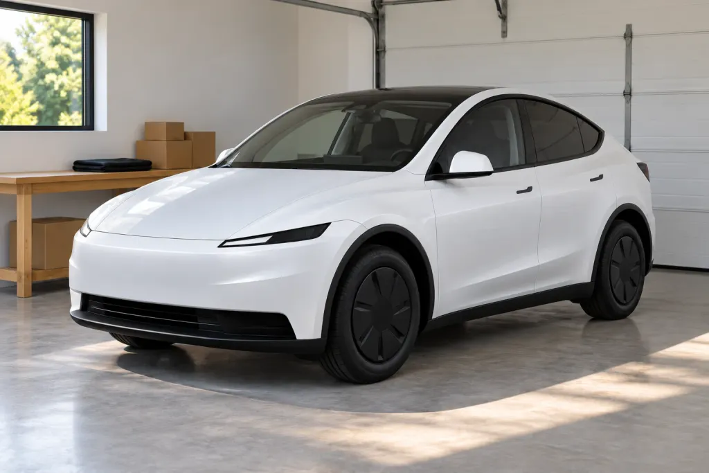 Un Tesla Model Y blanc dans un garage lumineux et rangé, vu de trois quarts avant, avec un établi en bois et quelques cartons sans inscription (image générée par IA)