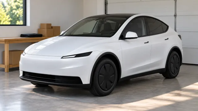 Un Tesla Model Y blanc dans un garage lumineux et rangé, vu de trois quarts avant, avec un établi en bois et quelques cartons sans inscription (image générée par IA)