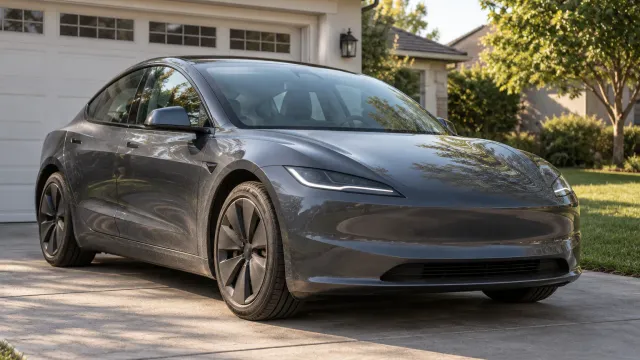 A used grey Tesla Model 3 parked on a suburban driveway in morning light (AI-generated image)