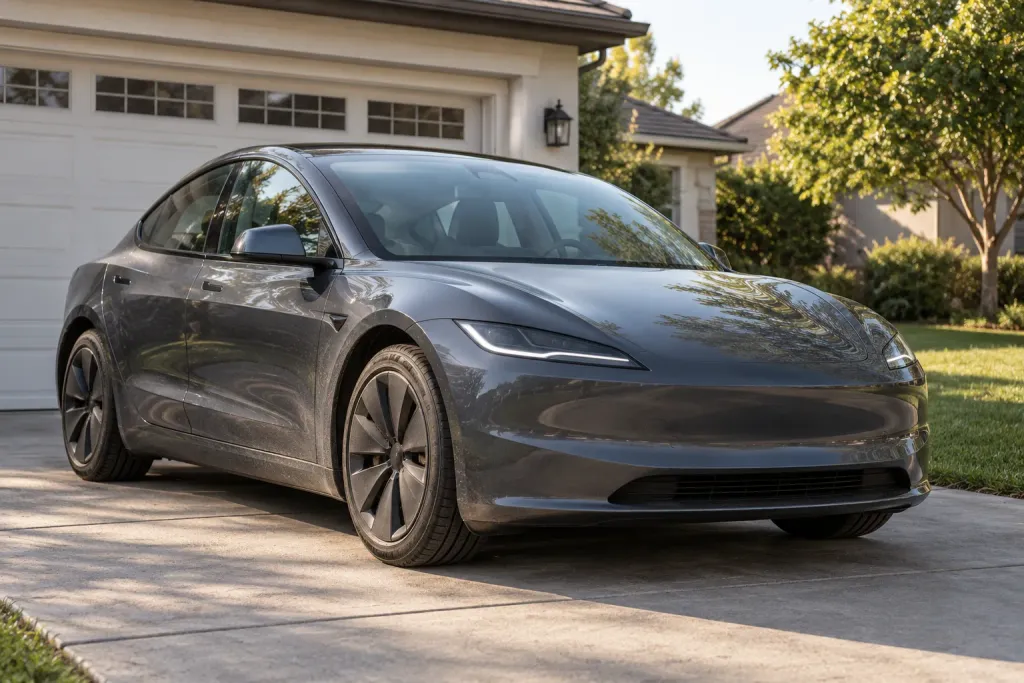 A used grey Tesla Model 3 parked on a suburban driveway in morning light (AI-generated image)