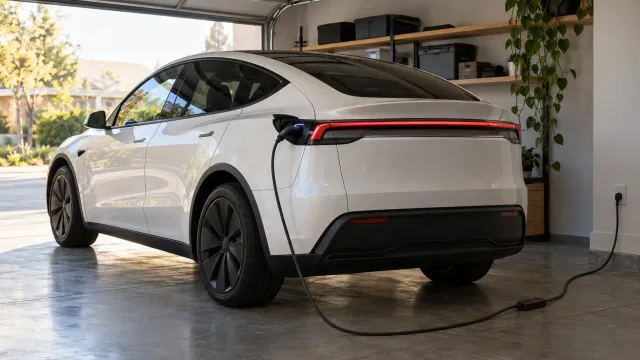 A white Tesla Model Y in a home garage, plugged into a wall outlet with the Mobile Connector (AI-generated image)