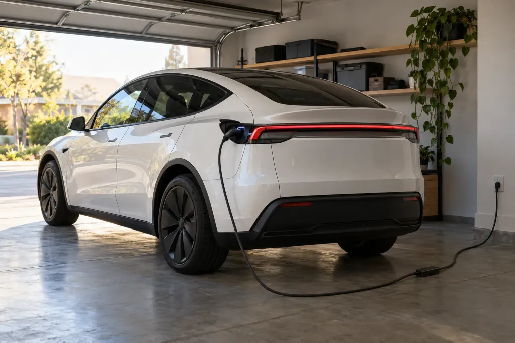 A white Tesla Model Y in a home garage, plugged into a wall outlet with the Mobile Connector (AI-generated image)