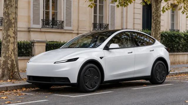 Un Tesla Model Y blanc garé le long d'un boulevard arboré d'une ville française, devant un immeuble en pierre à volets, par temps couvert (image générée par IA)