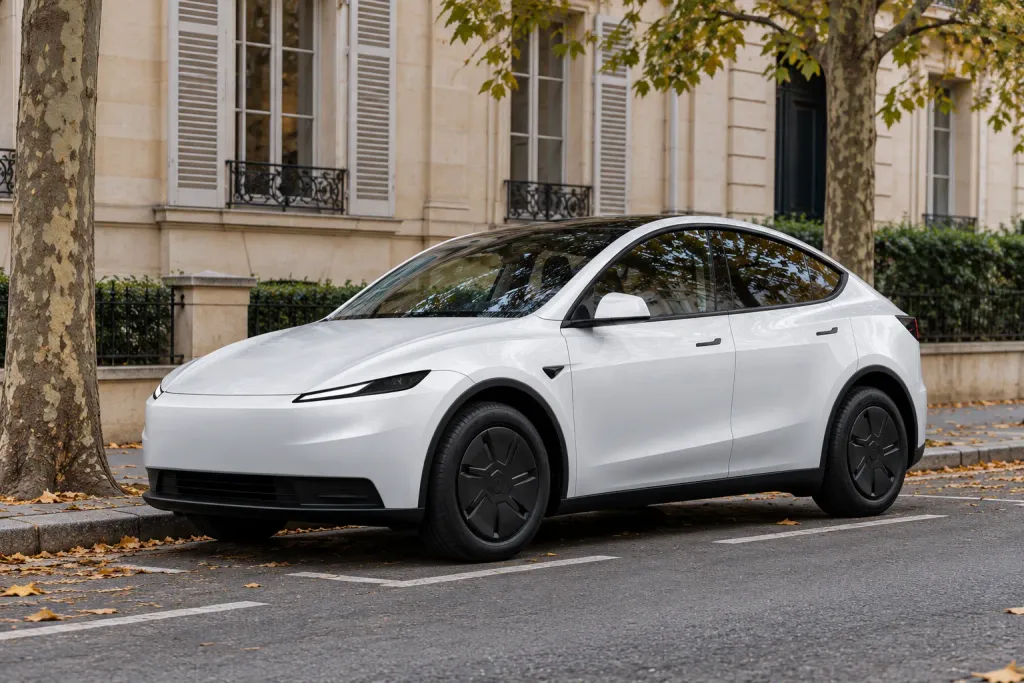 Un Tesla Model Y blanc garé le long d'un boulevard arboré d'une ville française, devant un immeuble en pierre à volets, par temps couvert (image générée par IA)