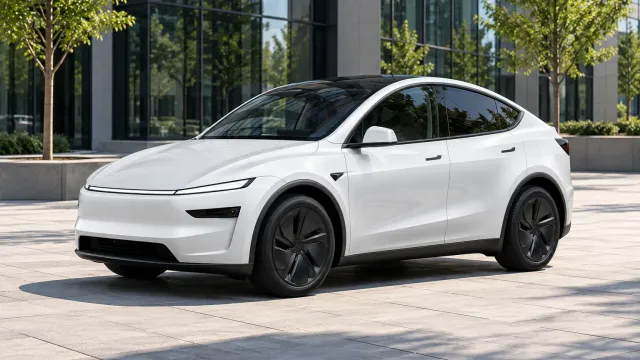A white Tesla Model Y Premium parked in a sunlit city plaza at midday, seen from the front three-quarter, with a modern glass building reflected in its windows (AI-generated image)