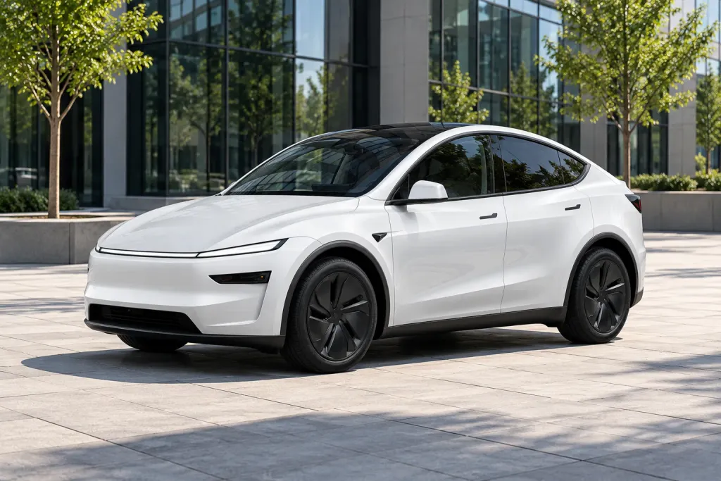 A white Tesla Model Y Premium parked in a sunlit city plaza at midday, seen from the front three-quarter, with a modern glass building reflected in its windows (AI-generated image)