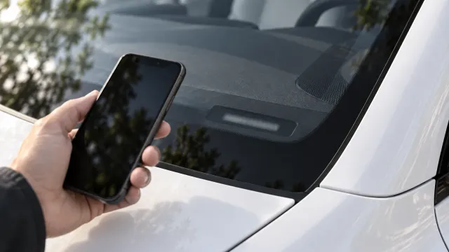 A hand holding a smartphone beside the windshield of a white Tesla, the dashboard plate out of focus (AI-generated image)