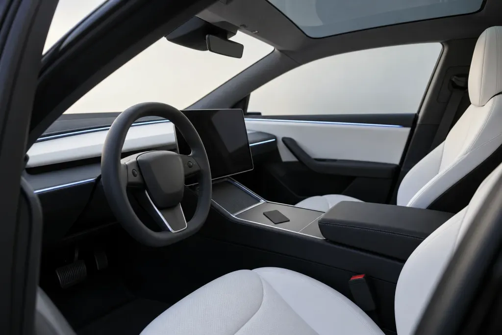 The interior of a Tesla Model Y with a black key card on the center console and the screen off (AI-generated image)