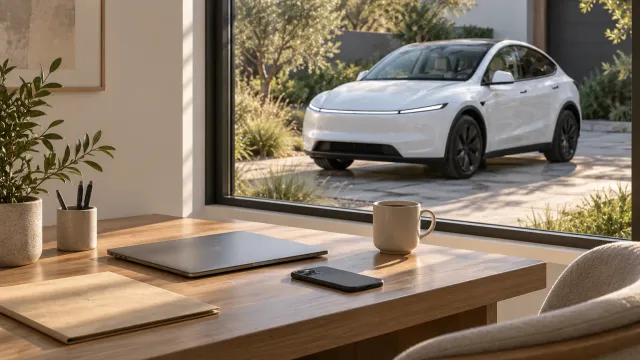 A desk with a folder, a phone and a laptop by a window, with a white Tesla Model Y outside (AI-generated image)