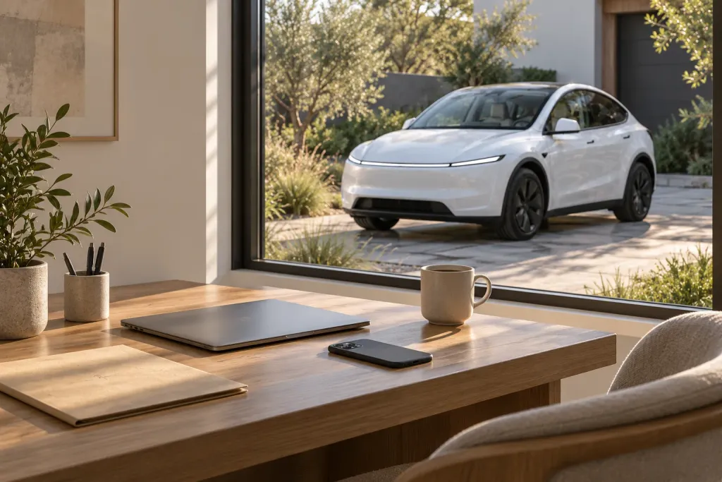 A desk with a folder, a phone and a laptop by a window, with a white Tesla Model Y outside (AI-generated image)