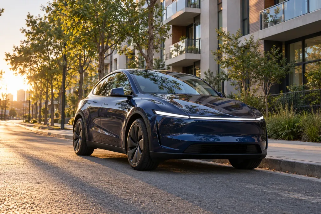 A dark blue Tesla Model Y parked at the curb of a tree-lined city street in the morning sun (AI-generated image)