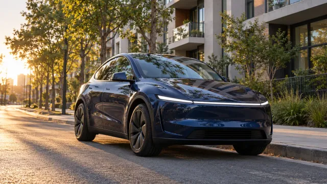 A dark blue Tesla Model Y parked at the curb of a tree-lined city street in the morning sun (AI-generated image)