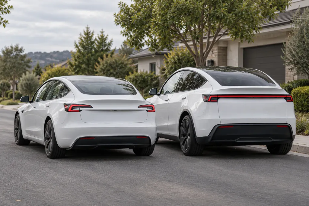 A white Tesla Model 3 and a white Tesla Model Y parked side by side on a quiet residential street (AI-generated image)