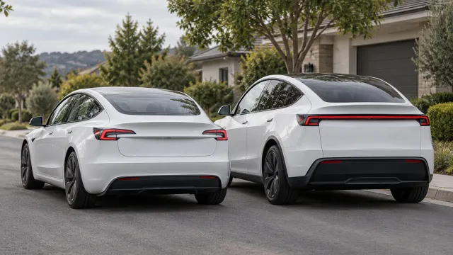 A white Tesla Model 3 and a white Tesla Model Y parked side by side on a quiet residential street (AI-generated image)
