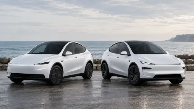 Two white Tesla Model Y parked side by side by the sea in front three-quarter view: the base version on the left with thin separate headlights, the Premium on the right with a continuous light bar across the nose (AI-generated image)