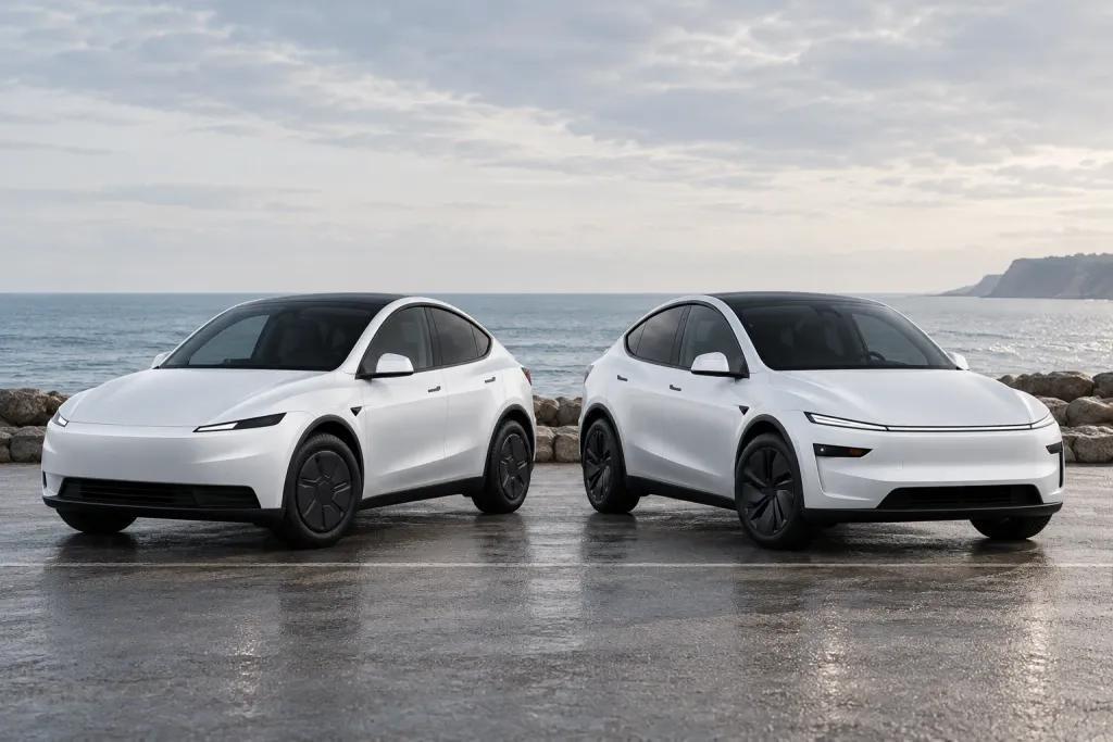 Two white Tesla Model Y parked side by side by the sea in front three-quarter view: the base version on the left with thin separate headlights, the Premium on the right with a continuous light bar across the nose (AI-generated image)