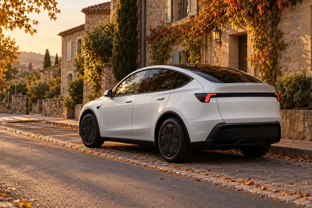 Un Tesla Model Y blanc garé le long d'une rue de village français bordée de maisons en pierre, vu de trois quarts arrière à la lumière dorée du soir (image générée par IA)