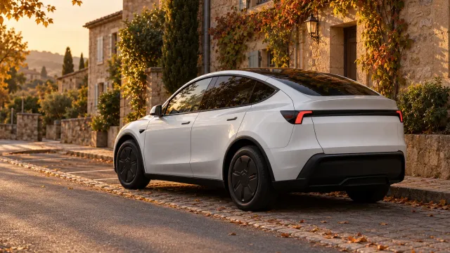 Un Tesla Model Y blanc garé le long d'une rue de village français bordée de maisons en pierre, vu de trois quarts arrière à la lumière dorée du soir (image générée par IA)