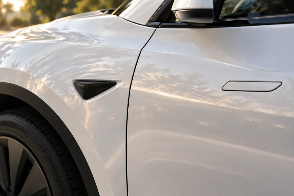 Close-up of the front fender, door edge and panel gap of a white Tesla Model Y (AI-generated image)