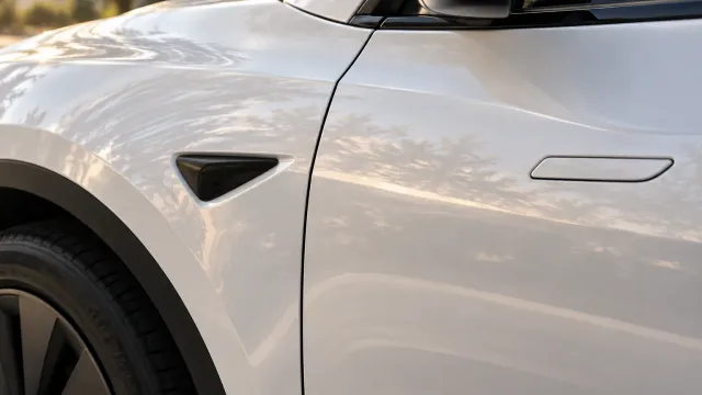 Close-up of the front fender, door edge and panel gap of a white Tesla Model Y (AI-generated image)