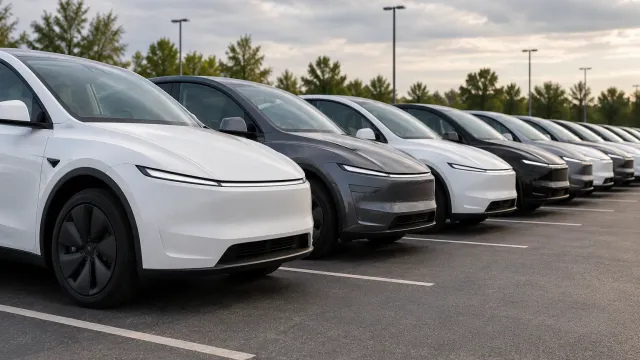 A row of new Tesla Model Y in white, grey and black parked in an outdoor lot (AI-generated image)