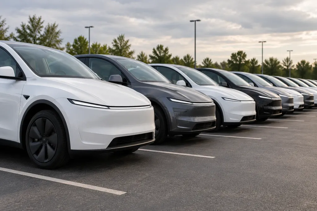 A row of new Tesla Model Y in white, grey and black parked in an outdoor lot (AI-generated image)