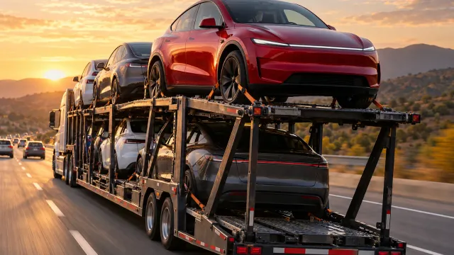 A red Tesla Model Y on the upper deck of a car-transport truck on a highway at sunset (AI-generated image)