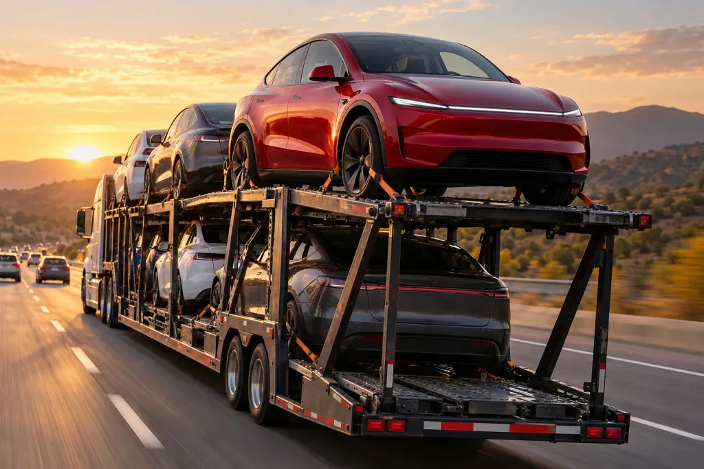 A red Tesla Model Y on the upper deck of a car-transport truck on a highway at sunset (AI-generated image)