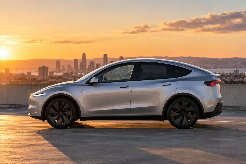 A silver Tesla Model Y in side profile on a rooftop parking deck at sunset with a city skyline behind (AI-generated image)