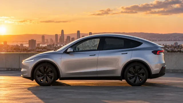 A silver Tesla Model Y in side profile on a rooftop parking deck at sunset with a city skyline behind (AI-generated image)