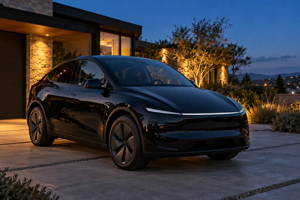 A black Tesla Model Y parked in a driveway at dusk (AI-generated image)